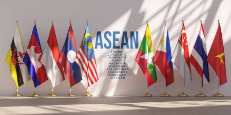 Téléchargez les photos : Concept de réunion ASEAN. Les pays membres de l'Association des nations de l'Asie du Sud-Est de l'ANASE battent pavillon dans une rangée. Illustration 3d - en image libre de droit