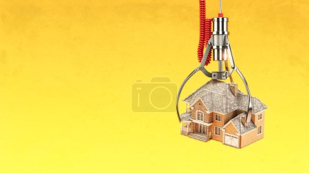 Choosing real estate and mortgage concept.  Machine  claw with house on yellow background. 3d illustration
