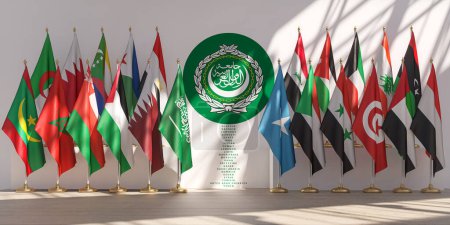 Arab League union meeting concept. The national flags of  countries members of Arab League with its symbol. 3d illustrations