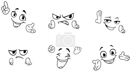 Cartoon facial expressions and hand gestures line art set