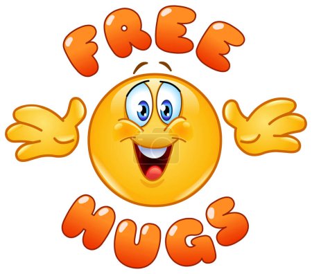 Illustration for Happy emoji emoticon reaching out arms, free hugs lettering - Royalty Free Image