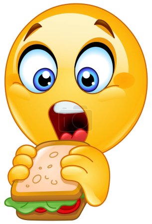 Illustration for Hungry emoji emoticon eating a sandwich - Royalty Free Image