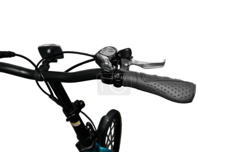 Black bicycle handlebar. Close-up. Isolated on white background.