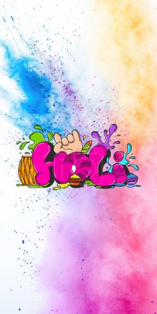Holi Celebration Vertical Banner with Pink Text, Rocking Hand Symbol and Festival Elements on Multicolor Powder Spreading Background.