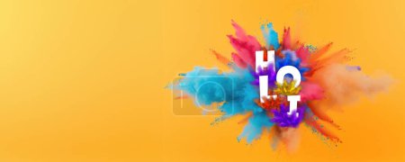 Téléchargez les photos : Festival indien des couleurs Conception de bannière de médias sociaux avec blanc Holi texte entouré d'explosion de poudre colorée sur fond jaune chrome. - en image libre de droit