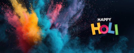 Happy Holi Celebration Banner or Header with Multicolor Powder Explosion in Dark Background.