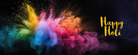 Happy Holi Social Media Banner Design mit Multi Color Powder (Gulal) Explosion im dunklen Hintergrund.