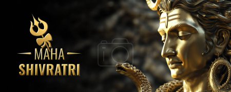 Happy Maha Shivratri Social Media Banner - closeup view of beautifully crafted intricate golden statue of Lord Shiva, the Hindu deity associated with spirituality and the third eye. 