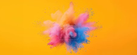 Holi Celebration Background - eine blendende Darstellung von Farbspritzern in verschiedene Richtungen, die einen lebendigen und dynamischen Effekt erzeugen. Die Farbe scheint auf eine gelbe Oberfläche geworfen oder gegossen worden zu sein, wodurch sie sich ausbreitet und mit dem Hintergrund vermischt.