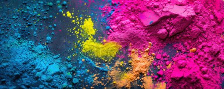Indian Festival of Happy Holi Celebration Banner, a close-up view of a vibrant, colorful pigment spilling on a surface, creating an eye-catching and artistic display. The bright colors are reminiscent of a rainbow, with an array of hues that captivat
