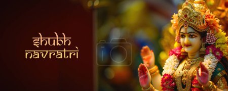Happy (Shubh) Navratri Social Media Banner, Beautifully Crafted Golden Statue of Goddess Durga Maa with Ornaments, Likely a Representation of the Hindu Religion. 