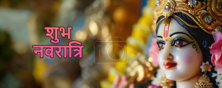 Happy (Shubh) Navratri Social Media Banner, Beautifully Crafted Indian Goddess Durga Maa Idol with Ornaments in Closeup Side Face View. 