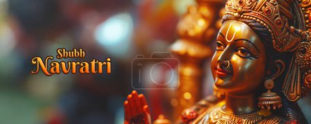 Happy (Shubh) Navratri Social Media Banner, Beautifully Crafted Golden Statue of Indian Goddess Maa adorned with Ornaments against Blurry Background, Likely a Representation of the Hindu Religion. Generative AI.