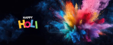 Happy Holi Social Media Banner Design mit Multi Color Powder Explosion im dunklen Hintergrund.