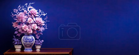 Happy Chinese New Year Social Media Banner - a vase filled with beautiful purple flowers, creating an aesthetically pleasing arrangement. The vase is predominantly blue and white, which complements the purple flowers and adds to the overall visual ap