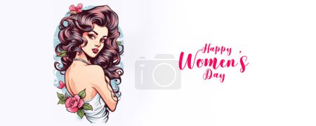 Happy Women's Day Banner Design with Stunning red-haired woman adorned with flowers illustration.