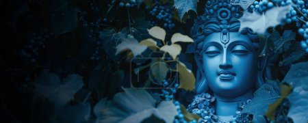 Hermosa estatua de piel azul de la cara del Señor Rama con los ojos cerrados en el fondo de la naturaleza. Puede ser utilizado como Shri Ram Navami Banner.