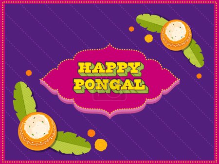Illustration for 3D Happy Pongal Font Over Vintage Frame With Top View Of Pongali Rice In Clay Pots, Banana Leaves, Marigold Flowers Decorated On Purple Dots Stripe Pattern Background. - Royalty Free Image