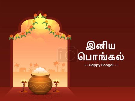 Texto de Pongal feliz escrito en idioma tamil con olla de arcilla llena de plato tradicional, lámpara de aceite Lit (Diya) Stand y Toran decorado fondo rojo.