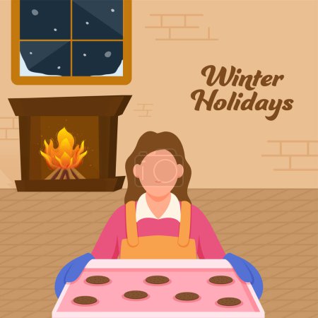 Illustration for Winter Holidays Poster Design With Faceless Female Baker Presenting Cookies Tray And Fireplace Arch Against Background. - Royalty Free Image