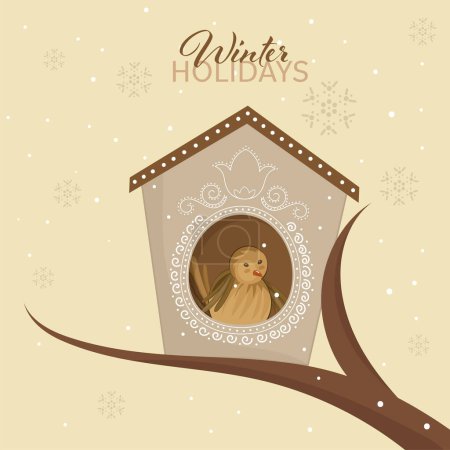 Illustration for Winter Holidays Poster Design With Bird Inside House Over Tree Branch On Pastel Yellow Snow Falling Background. - Royalty Free Image
