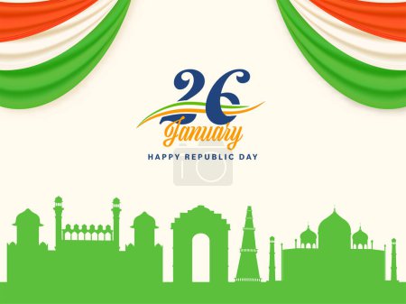 Illustration for 26th January, Republic Day Concept With Green Silhouette India Famous Monument And Tricolor Curtain Border Or Corner On White Background. - Royalty Free Image