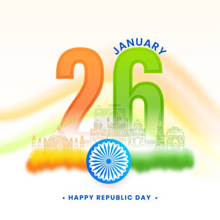 Illustration for 26th January Font With Sketching India Famous Monument On Blur Tricolor Background For Happy Republic Day Concept. - Royalty Free Image