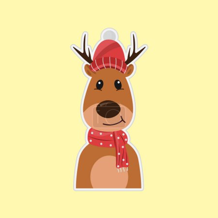 Ilustración de Lindo reno en sombrero de Santa con bufanda sobre fondo amarillo. - Imagen libre de derechos