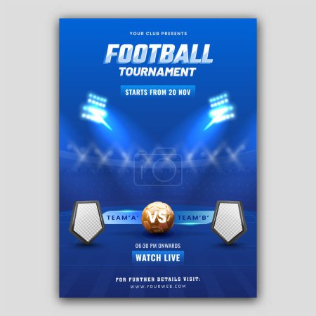 Téléchargez les illustrations : Conception de flyer de tournoi de football avec le ballon de football doré 3D et le bouclier vide de l'équipe participante A VS B sur fond bleu de lumières de stade. - en licence libre de droit