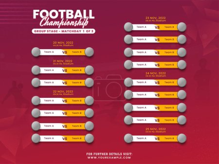 Liga de Campeones de Fútbol Fase de Grupos Calendario del partido en Gradiente Rojo y Rosa Silueta Jugadores Fondo.