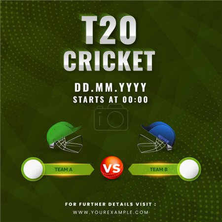 Illustration for T20 Cricket Match Between Team A VS B With Attire Helmets On Green Abstract Dotted Background. - Royalty Free Image
