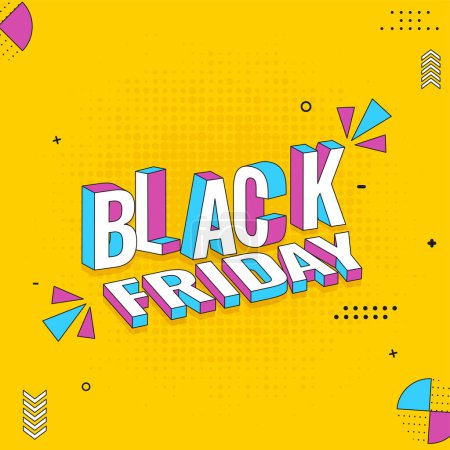 Illustration for 3D Colorful Black Friday Text Against Chrome Yellow Halftone Effect Background. - Royalty Free Image