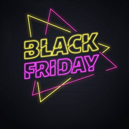 Illustration for Neon Black Friday Font With Triangle Shapes On Black Brick Wall Background. - Royalty Free Image