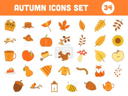 Illustration for Set Of 34 Autumn Icons Over White Background. - Royalty Free Image