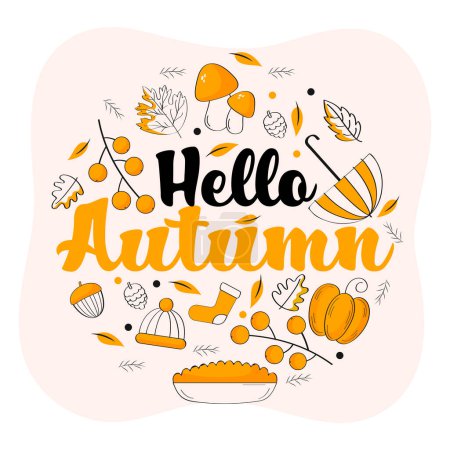 Illustration for Hello Autumn Font With Autumnal Season Icons On Peach And White Background. - Royalty Free Image