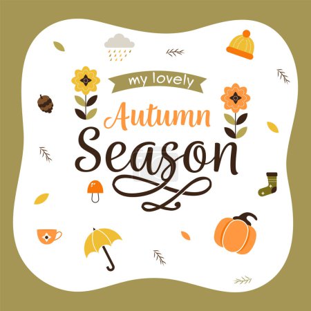 My Lovely Autumn Season Lettering With Autumnal Icons Decorated On White And Olive Green Background.