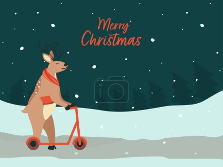 Ilustración de Feliz Navidad concepto de celebración con dibujos animados reno montar patada patada scooter en Teal verde nevada fondo. - Imagen libre de derechos