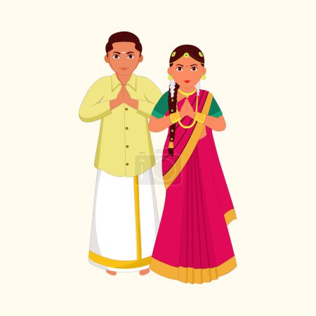 South Indian (Tamil Nadu) Wedding Couple Greeting Namaste In Traditional Dress Against Cosmic Latte Background.