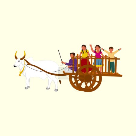 South Indian Man Riding Bullock Cart And Children Enjoying Against Pastel Yellow Background.