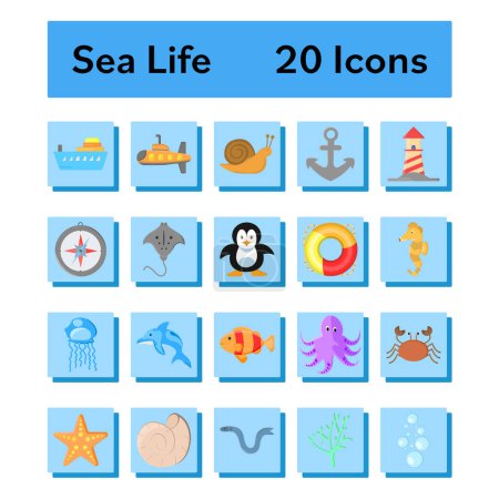 Téléchargez les illustrations : Style plat vie marine animal avec l'icône de l'équipement mis sur fond carré bleu. - en licence libre de droit