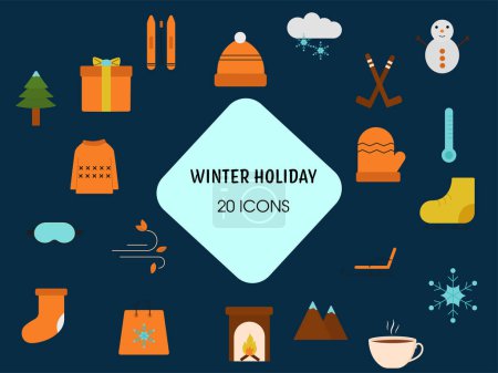 Illustration for Set Of 20 Winter Holiday Icons Over Blue Background. - Royalty Free Image