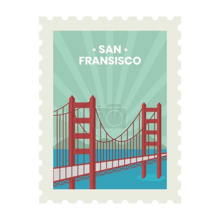Téléchargez les illustrations : Illustration de Golden Gate avec Rayons et fond de montagne pour San Francisco Timbre, Étiquette ou Autocollant Design. - en licence libre de droit