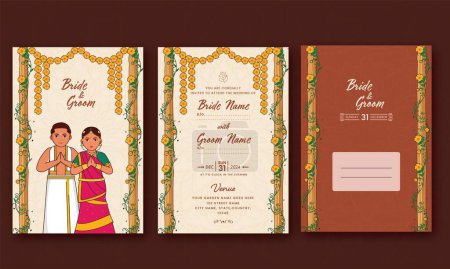 Illustration for Wedding Invitation Card Templates With South Indian Couple In Traditional Attire And Envelope Illustration. - Royalty Free Image
