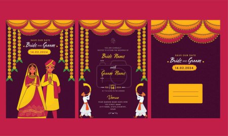 Illustration for Wedding Invitation Card Templates With Indian Couple Greeting Namaste And Envelope Illustration In Purple Color. - Royalty Free Image