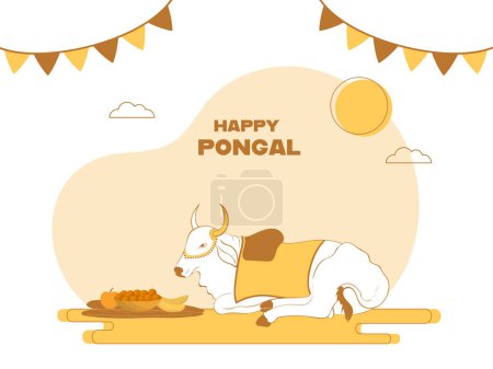 Illustration for Happy Pongal Celebration Concept With Bull Animal Sitting In Front Of Delicious Foods And Surya (Sun) On Abstract Background. - Royalty Free Image