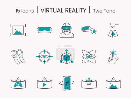 Illustration for Teal And White Illustration Of Virtual Reality 15 Icon Set On Pale Pink Background. - Royalty Free Image