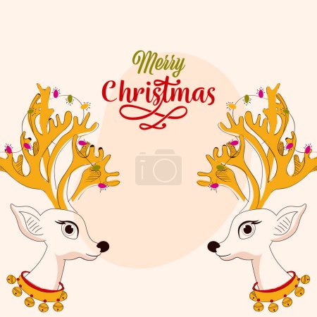 Illustration for Merry Christmas Greeting Card With Vector Two Reindeer Face On Pastel Pink Background. - Royalty Free Image