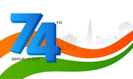 74. Tag der Republik Schrift mit dreifarbiger Wolke und Silhouette Berühmtes Denkmal Indiens auf weißem Hintergrund.