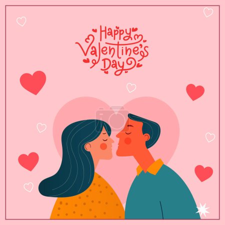 Happy Valentine's Day Concept With Romantic Young Couple Character Kissing On Hearts Decorated Pink Background.