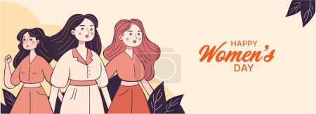 Happy Women's Day Banner Design With Fashionable Three Young Girl Characters Together On Beige Background.
